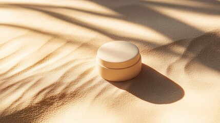 Light beige cream jar on light beige sand.  Palm shadows