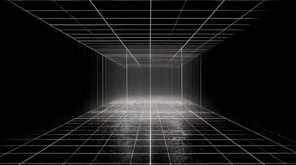 White grid tunnel receding into dark fog black