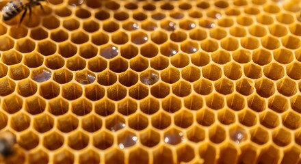 Close-up view of honeycomb cells filled with bee eggs.