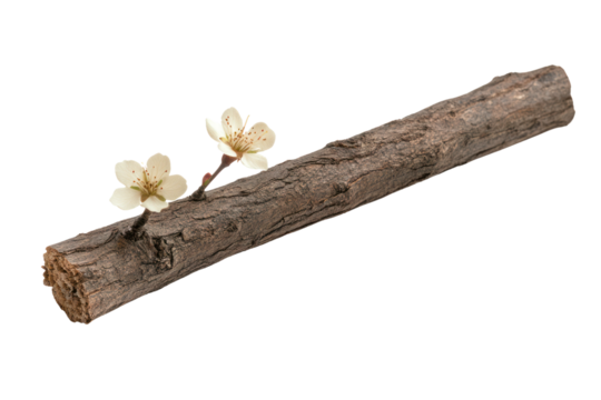 Elegance of Simplicity: A delicate sprig of white blossoms rests upon a weathered wooden branch. A minimalistic, serene study of nature's artistry. - Powered by Adobe