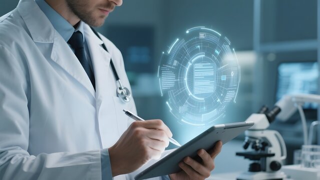 Scientist in lab coat writing on tablet with holographic display