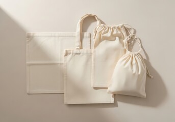 Neutral studio shot of blank cotton tote bag and drawstring bag for product or design mockup