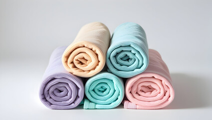 Sport Equipment Isolated stack of rolled microfiber yoga towels in 3 pastel colors on white background