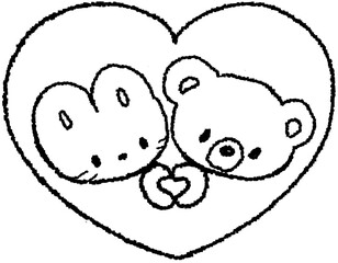 하트 안에 있는 토끼와 곰돌이 캐릭터 흑백 손그림 © titi.drawing