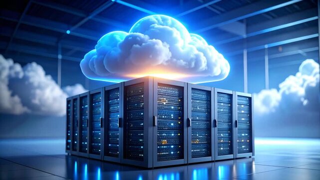Cloud above server rack illustrating data storage and network technology - Powered by Adobe