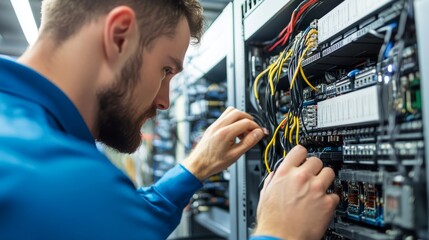 It technician working with network cables on the back of a server rack in a modern data center, performing hardware maintenance and troubleshooting for high-performance computing and secure network in