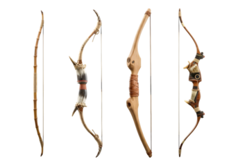 Four traditional wooden bows isolated on transparent background