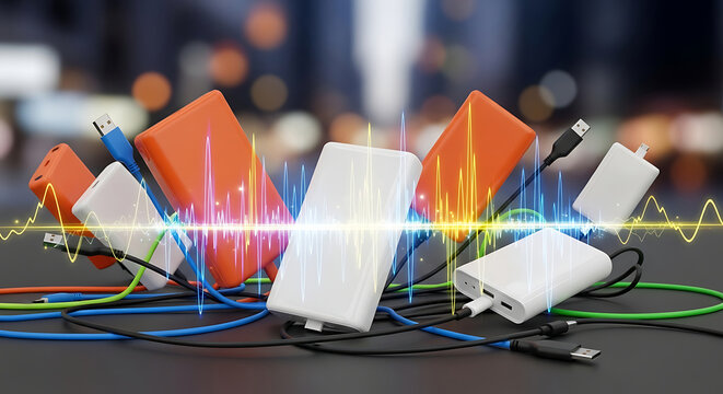 Collection of portable power banks and charging cables with glowing digital energy waves
