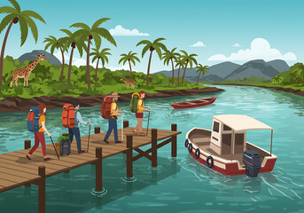 Obraz premium Adventurous travelers with backpacks walking on a wooden pier to board a boat for a jungle river safari.