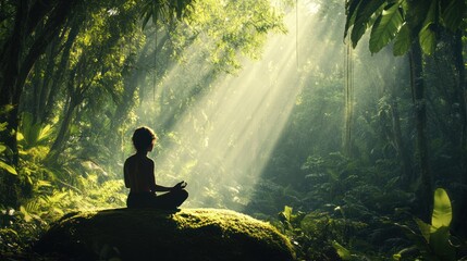Child meditating in a sunlit jungle