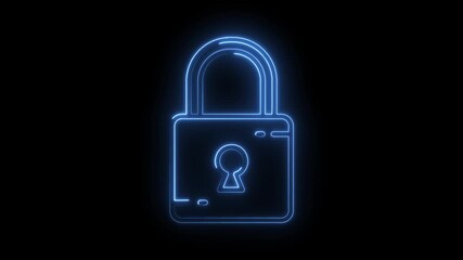 Glowing blue neon padlock icon symbolizing security privacy data protection and digital safety on a dark - Powered by Adobe