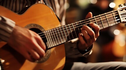 Obraz premium Melodic Guitar Photography: Musician's Hands Playing Guitar on Stage