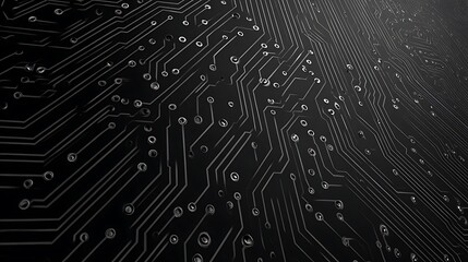 Black circuit board with silver lines and circular connections technology