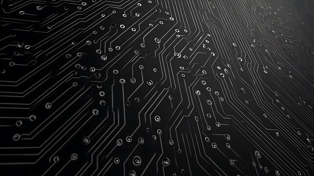 Black circuit board with silver lines and circular connections technology