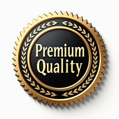 Premium Quality 3D Gold Badge &ndash; Luxury Product Label for Branding and Marketing  premium quality badge in black and gold with laurel wreath and ribbon elements