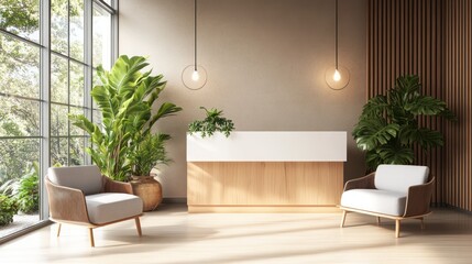 Modern reception area with natural light and plants