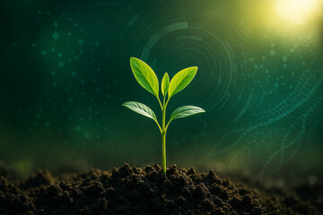 AI generated young green seedling growing from fertile soil with digital interface background symbolizing smart farming biotech innovation and sustainable nature technology integration