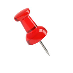 A vibrant red 3d rendered pushpin with a translucent plastic head and metallic pin. Ideal for office, school, or map marking concepts.