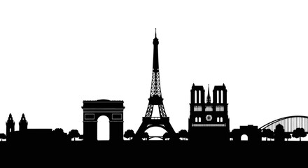 Obraz premium Elegant Vector Silhouette of Parisian Cityscape Featuring World-Renowned Landmarks Like the Iron Tower and Triumphal Arch