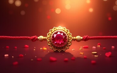 Happy raksha bandhan beautifully crafted rakhi with ruby gems and golden floral pattern glowing under festive light celebrating sacred sibling festival in india. High quality