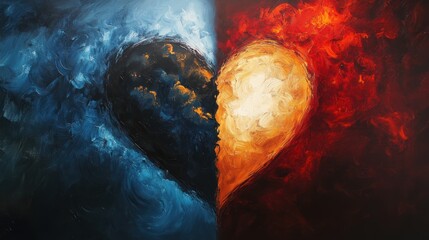 A divided heart, painted in contrasting hues of blue and orange