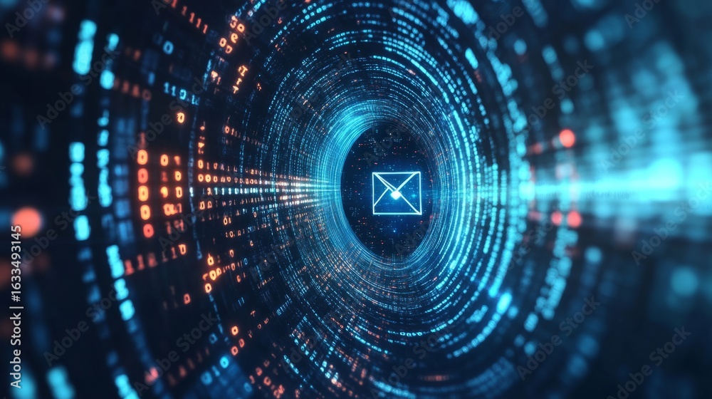 Wall mural digital data streams and binary code surrounding email icon representing modern information technolo