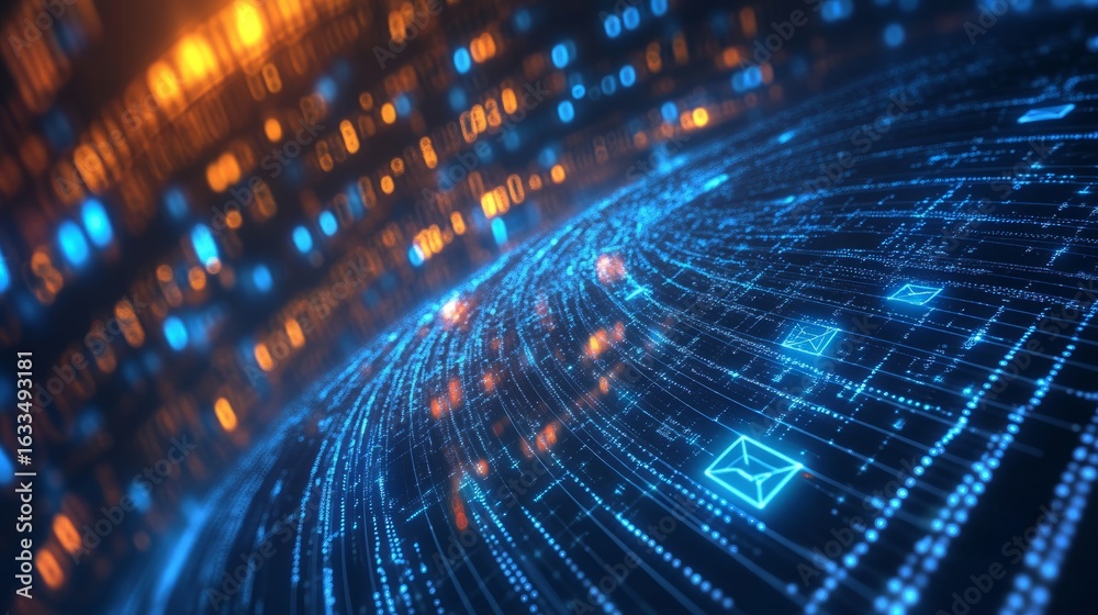 Wall mural digital data streams and binary code surrounding email icon representing modern information technolo