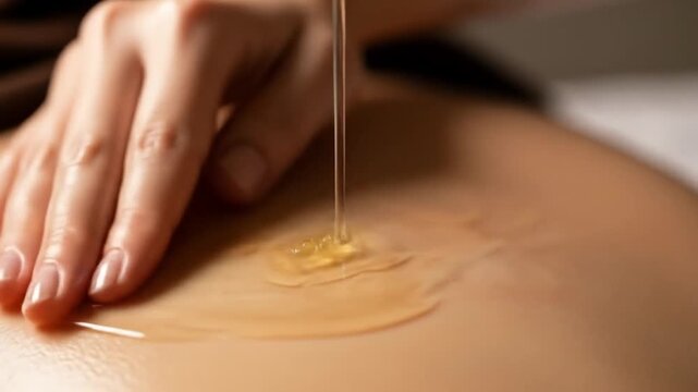 Close-up of a skilled therapist's hand applying warm oil to a client's back during a relaxing Tantra Massage therapy session with a calming ambiance.