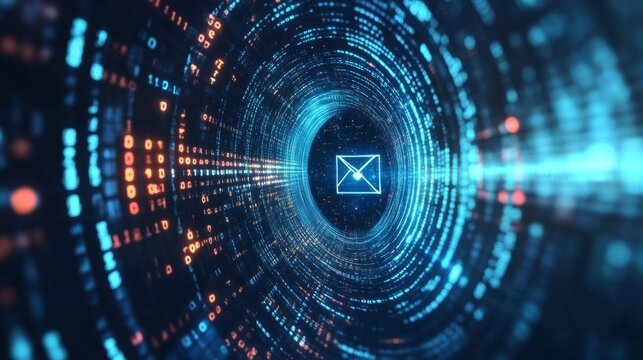 Digital data streams and binary code surrounding email icon representing modern information technology, cyber communication, and secure data exchange in a futuristic high-tech network environment - Powered by Adobe
