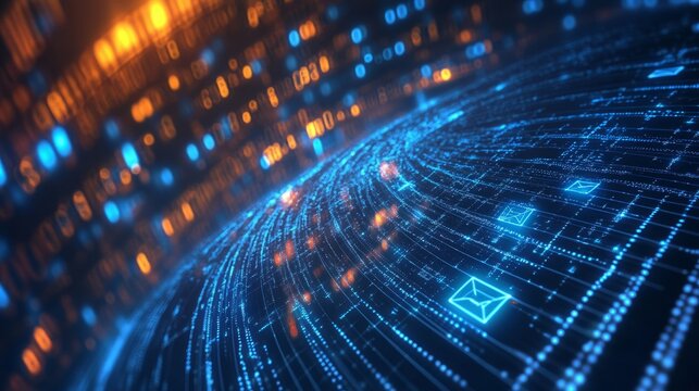 Digital data streams and binary code surrounding email icon representing modern information technology, cyber communication, and secure data exchange in a futuristic high-tech network environment