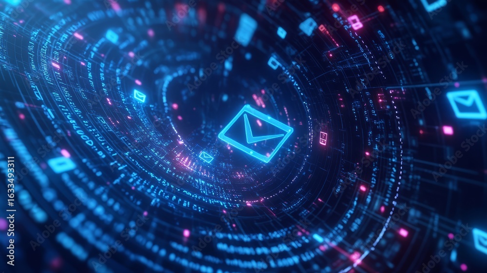 Wall mural digital data streams and binary code surrounding email icon representing modern information technolo