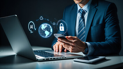 Fototapeta premium Businessman using smartphone with digital security icons laptop artificial intelligence