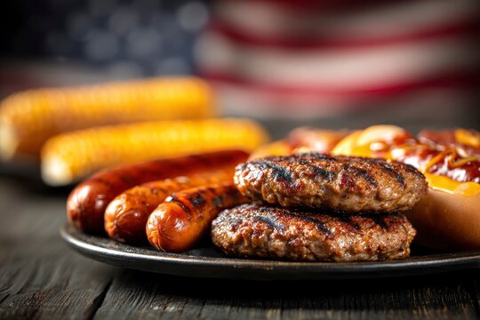 Grilled burgers hotdogs and corn are arranged on a plate atop a wooden surface with the American flag blurred in the background - Powered by Adobe