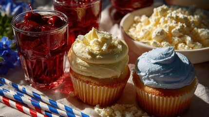 Delicious cupcakes and cherry drinks kitchen table food photography cozy atmosphere close-up view sweet treats