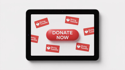 Digital giving tuesday concept featuring a tablet displaying a donate now button and giving tuesday heart icons, isolated on white background