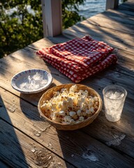 Outdoor movie night setup with popcorn and drinks on a wooden deck by the lake relaxing atmosphere evening vibes