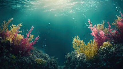 Underwater scene, vibrant sea plants. Sunlight streams through teal water, illuminating colorful seaweed