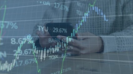 Woman tapping smartphone screen causing chart overlay climbing percentages for finance monitoring - Powered by Adobe