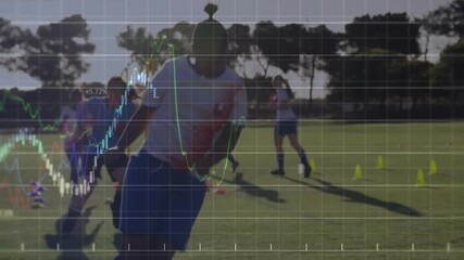 Soccer athlete bounding over hurdles spurring animated graphs tracking agility stats in practice - Powered by Adobe