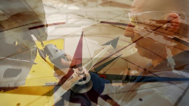 Aviation tech fitting grinder disc grinding hub sparks under rotating compass rose smoothing joint