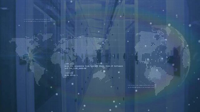 Command-line text emerging causing globe rotating map pulsing particles drifting visualizing flow