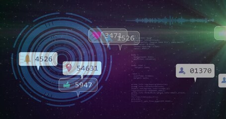 Circle interface fading in with code appearing and social icons floating showing engagement on HUD - Powered by Adobe