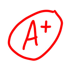 Red A plus grade symbol isolated on white background, education excellence and success concept