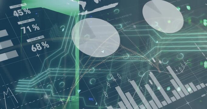 Green beam materializing activating dashboard animating charts linking nodes updating metrics