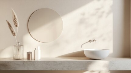 Beige bathroom vanity with round mirror. Sunlight casts shadows