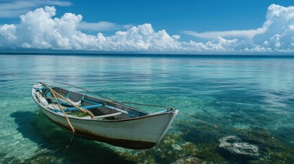 A weathered rowboat floats in crystal-clear turquoise water, surrounded by marine life.  Fluffy white clouds drift across a vibrant blue sky
