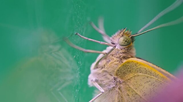 Close-up of a Pieris brassicae butterfly on a vibrant green background