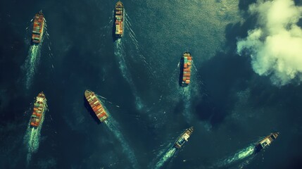 Aerial view of cargo ships navigating a body of water.  Ships of various sizes, carrying containers, are seen moving across the dark-toned water.  Some leave visible wake patterns.  