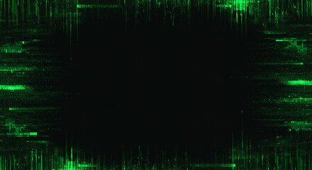 Vibrant green digital glitch texture and futuristic static overlay creating a dynamic frame effect