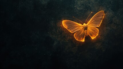 A glowing, translucent butterfly, warm orange, rests on a dark, textured surface
